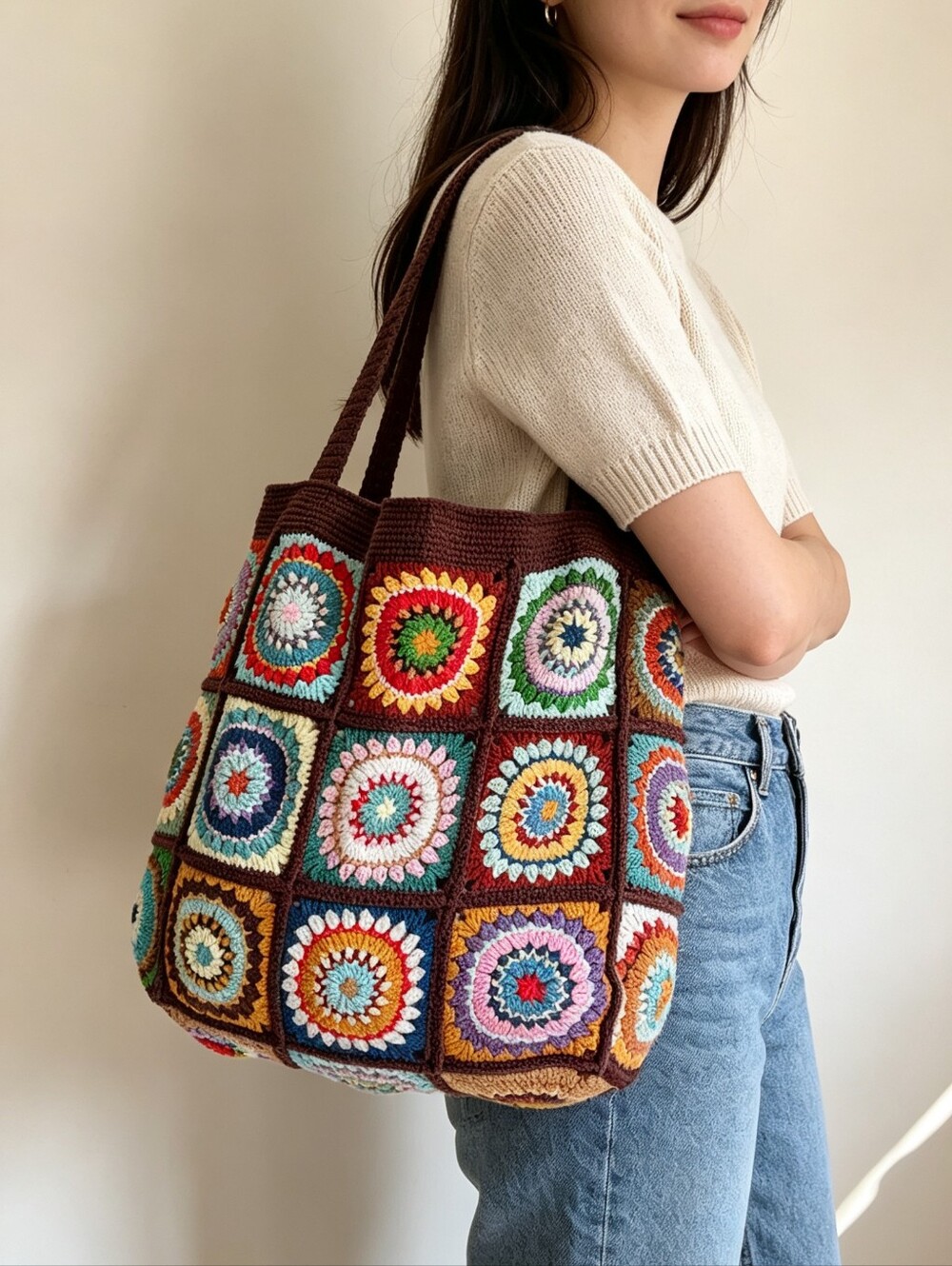 Handmade Crochet Granny Square Tote Bag in Brown and Multicolor